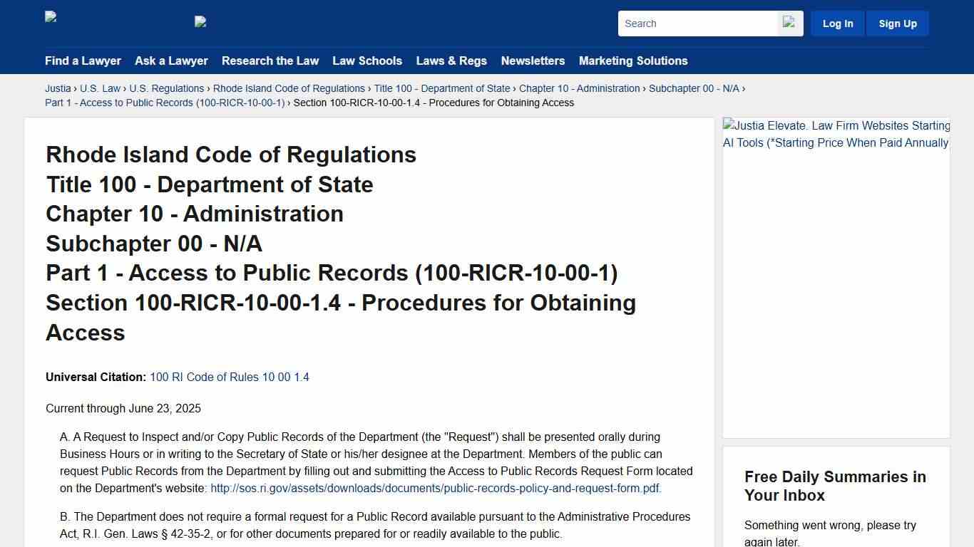 Rhode Island Code of Regulations, Part 1, Section 100-RICR-10-00-1.4 - Procedures for Obtaining Access | Rhode Island Code of Regulations | Justia